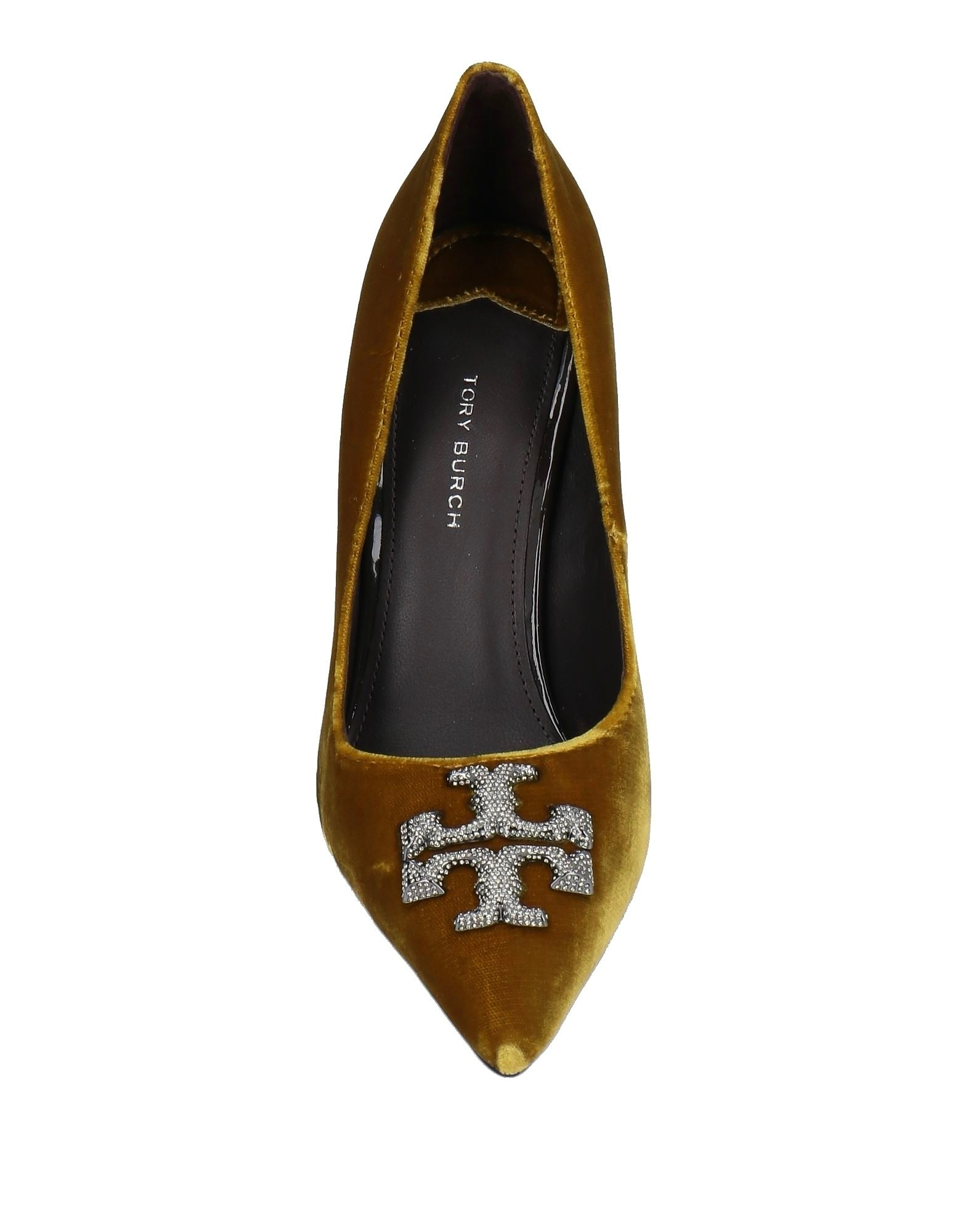 Golden brown Tory Burch velvet pump with jeweled logo