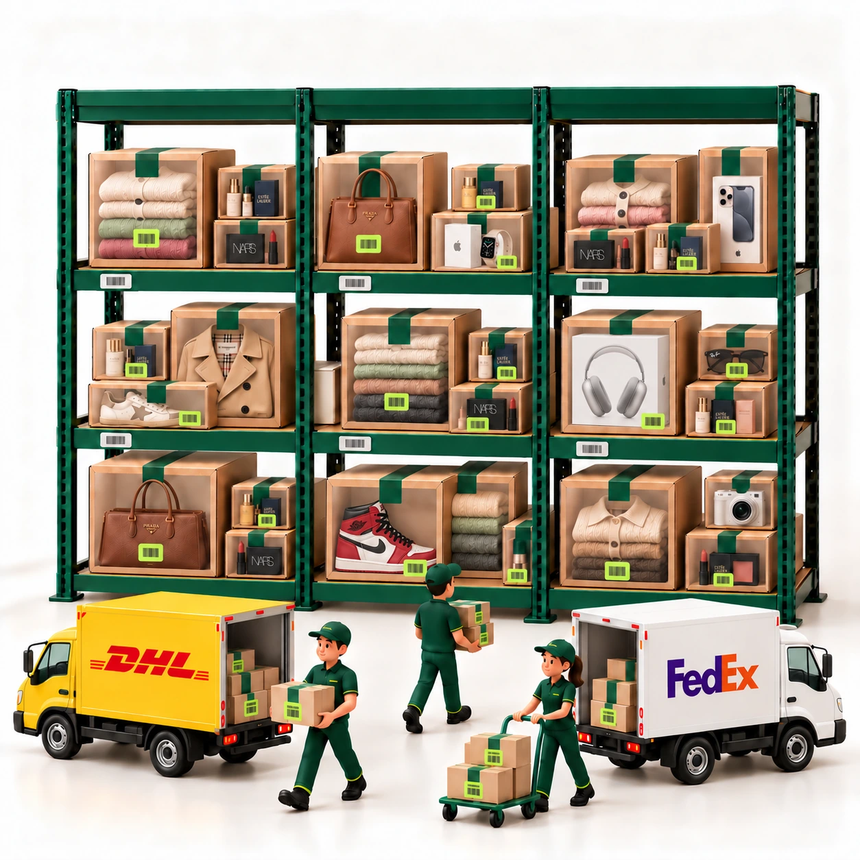 Shelves of packed parcels with delivery trucks being loaded