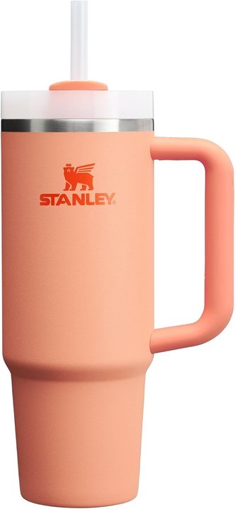 Peach Stanley Quencher H2.0 tumbler with handle and straw