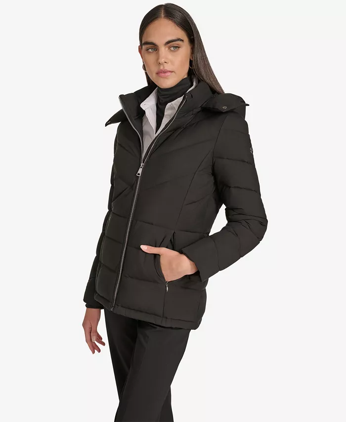 Black Calvin Klein women’s short zip front puffer jacket