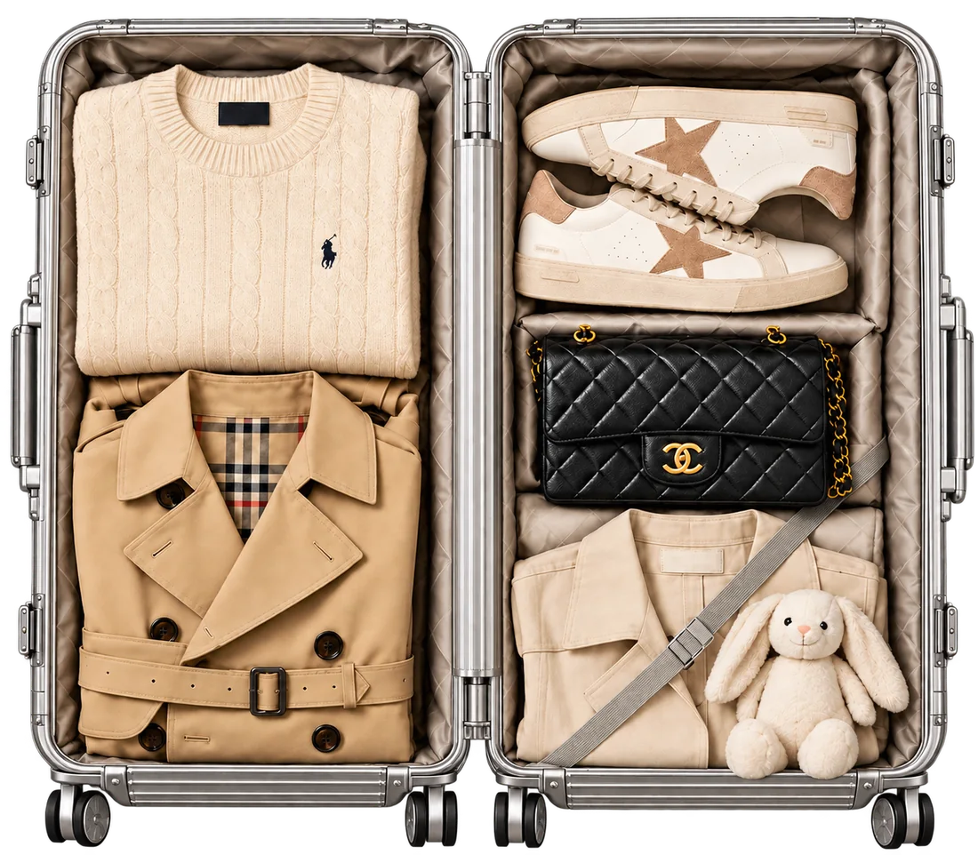An open suitcase packed with clothes, sneakers, a bag and a soft toy