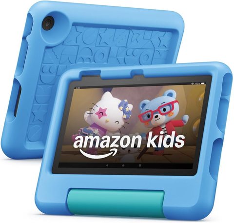 Blue Amazon Fire 7 Kids tablet with protective case