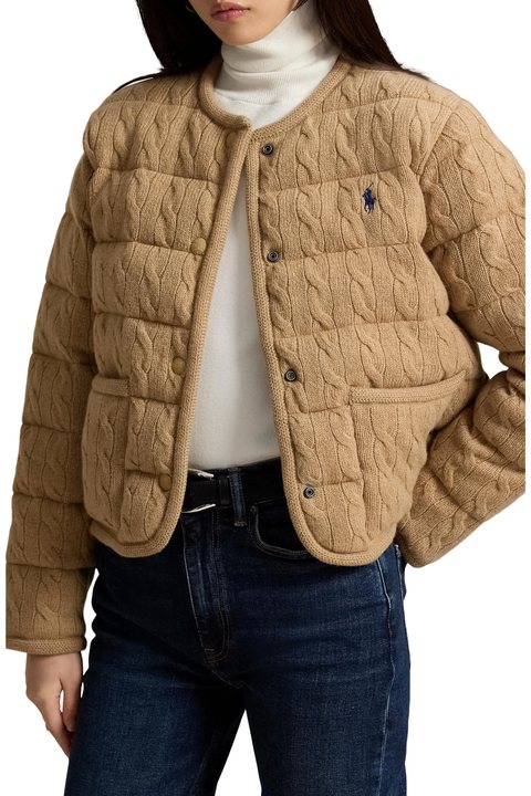 Polo Ralph Lauren tan cable stitch wool and cashmere puffer jacket