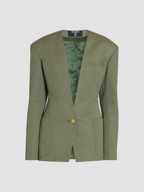 Olive green Balmain collarless cotton blazer