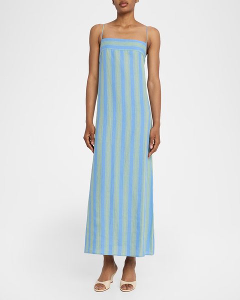 Blue and green striped STAUD Laura linen dress