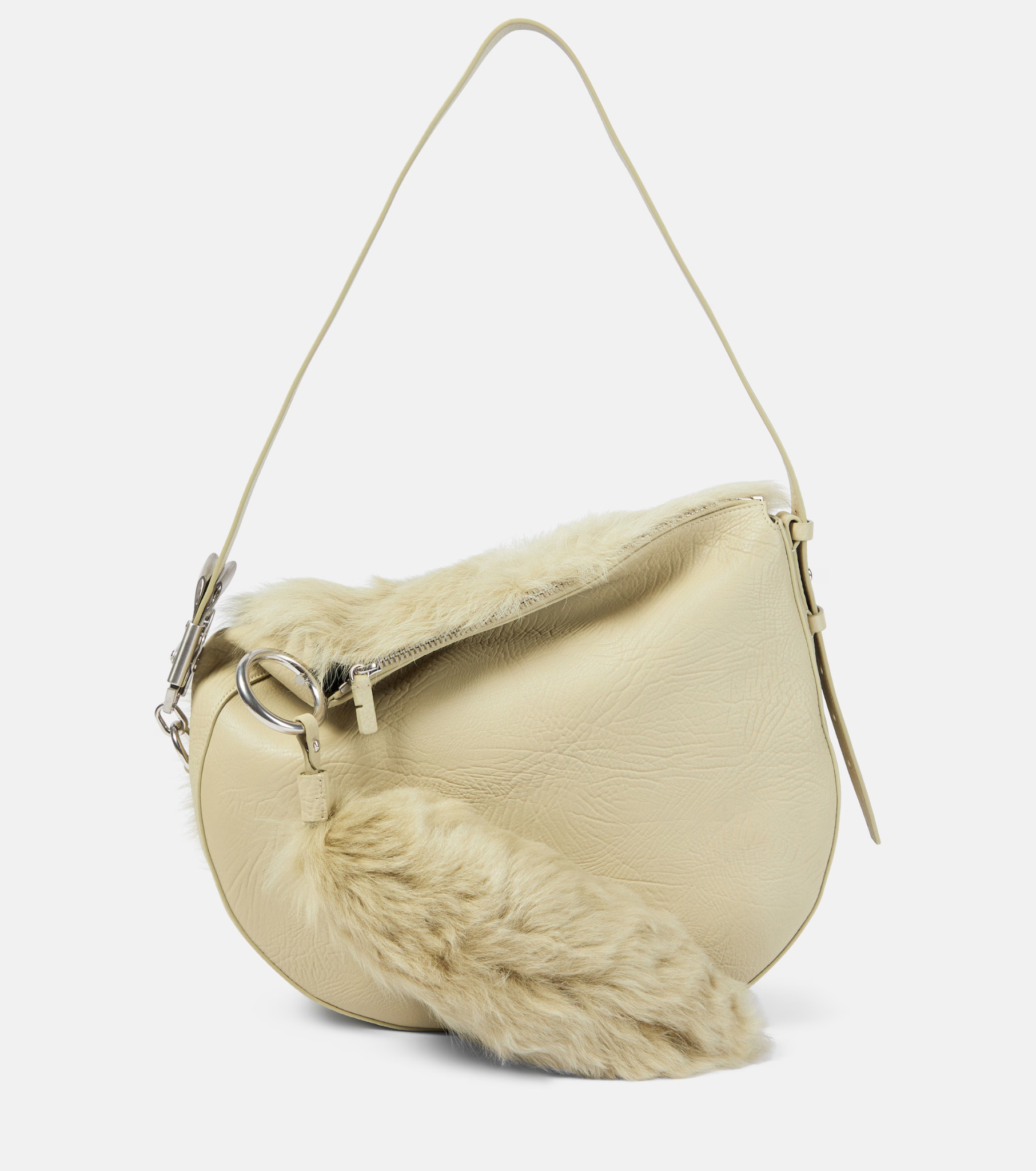 Light cream leather Burberry Knight Medium shoulder bag with shearling trim