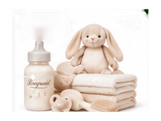A baby set with a bottle, a soft toy rabbit and folded towels