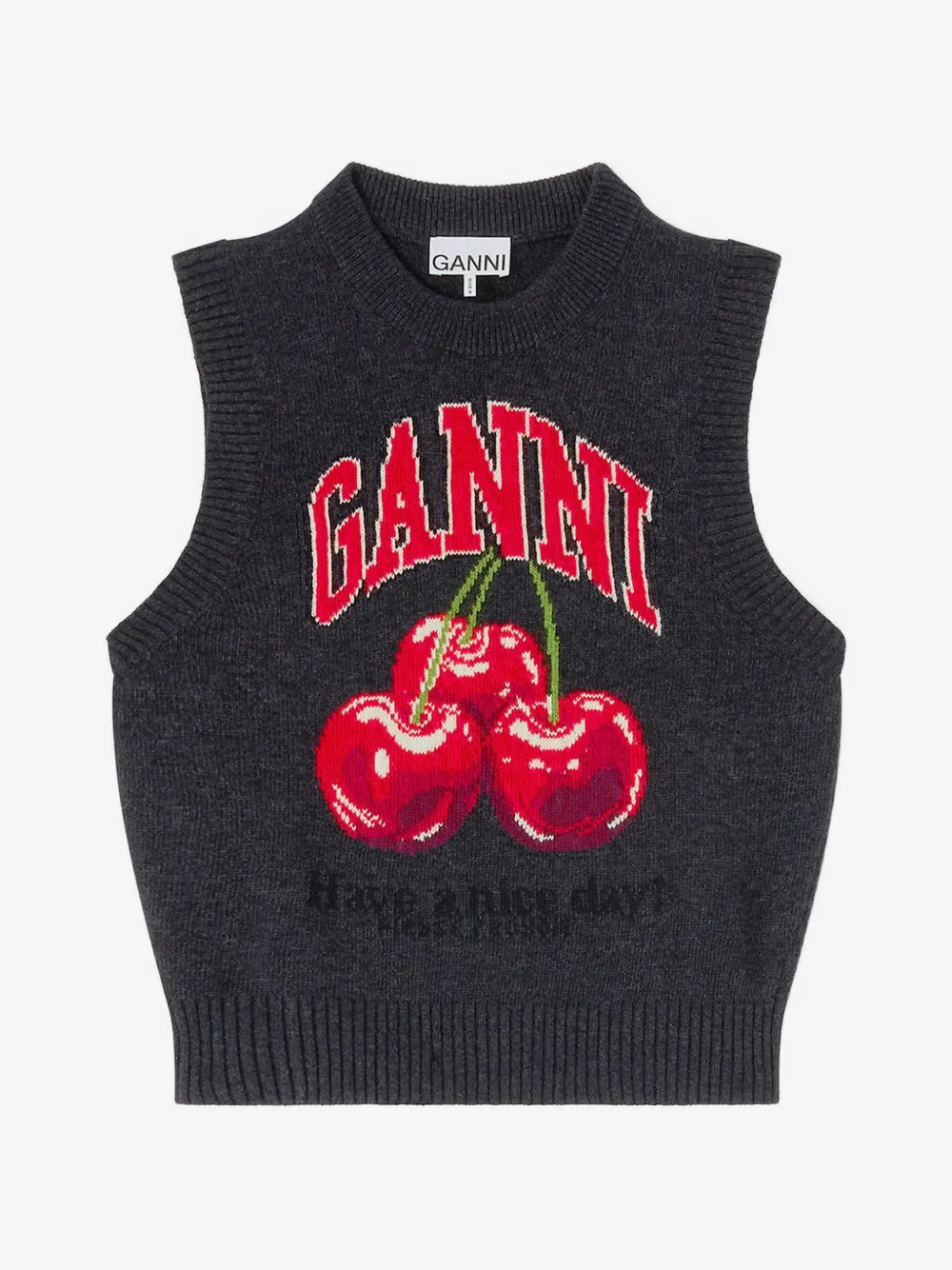 Dark grey sleeveless GANNI cherry embroidered knit top