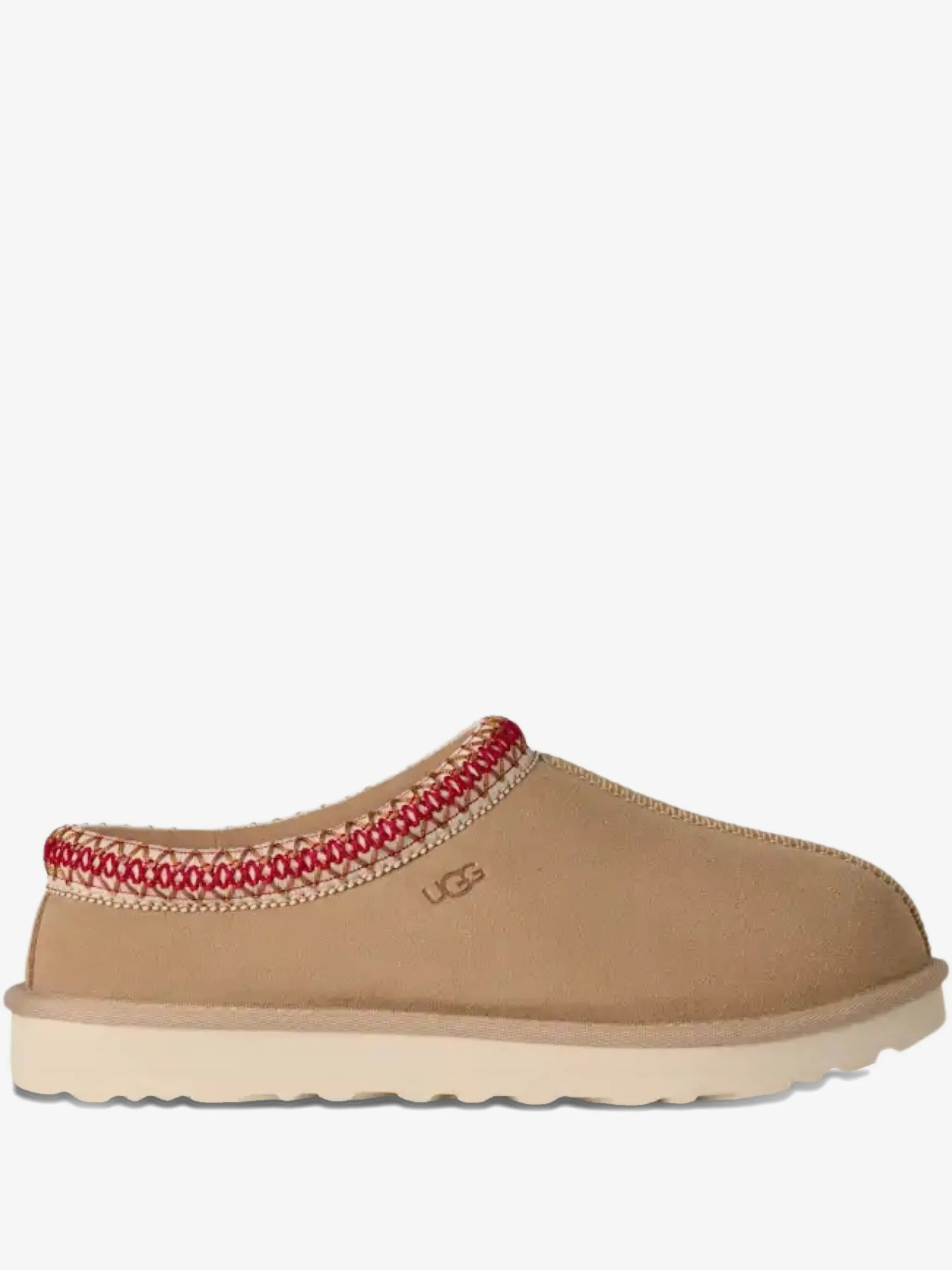 Tan UGG Tasman II slipper with red-and-cream trim